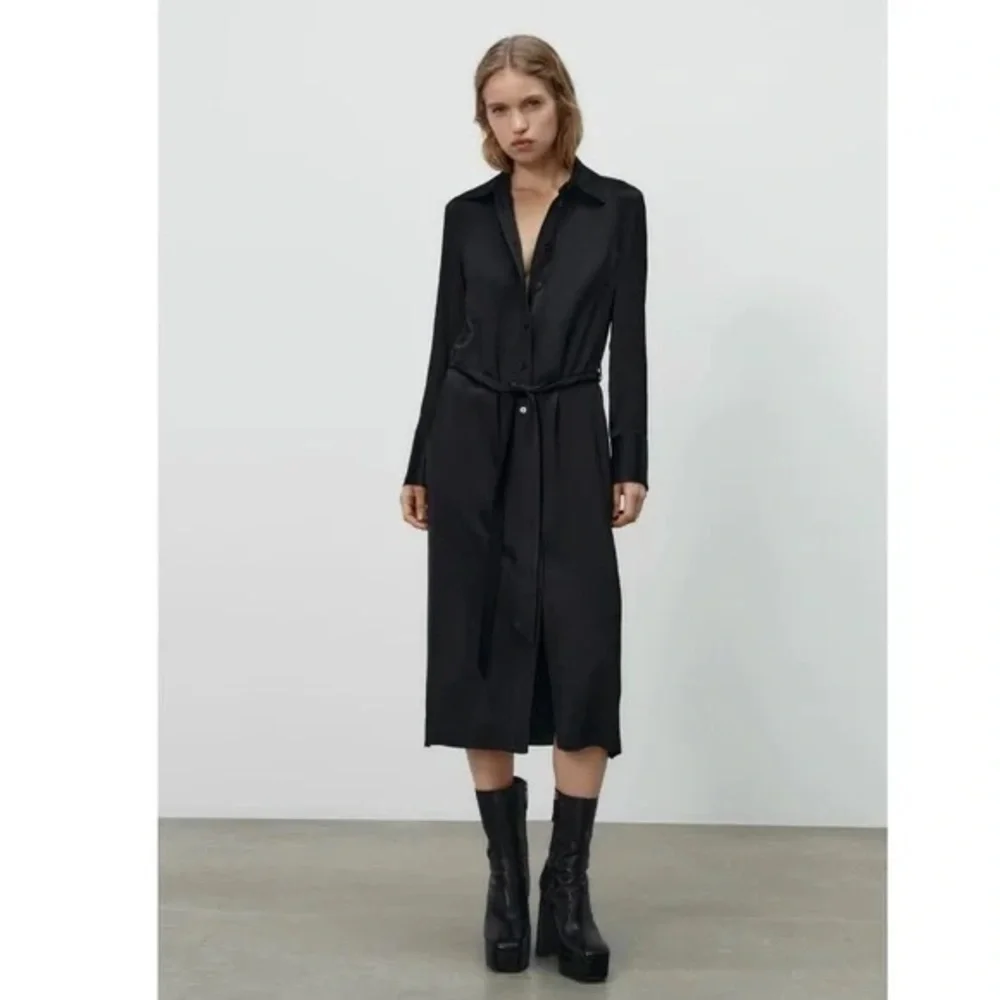 ZARA Satin Effect Black Shirt‎ Midi Dress size XS